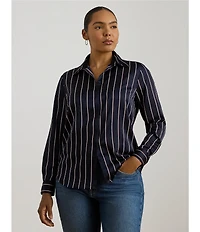 Lauren Ralph Lauren Plus Size Striped Glossy Satin Charmeuse Point Collar Long Sleeve Button Front Shirt