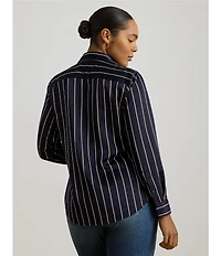 Lauren Ralph Lauren Plus Size Striped Glossy Satin Charmeuse Point Collar Long Sleeve Button Front Shirt