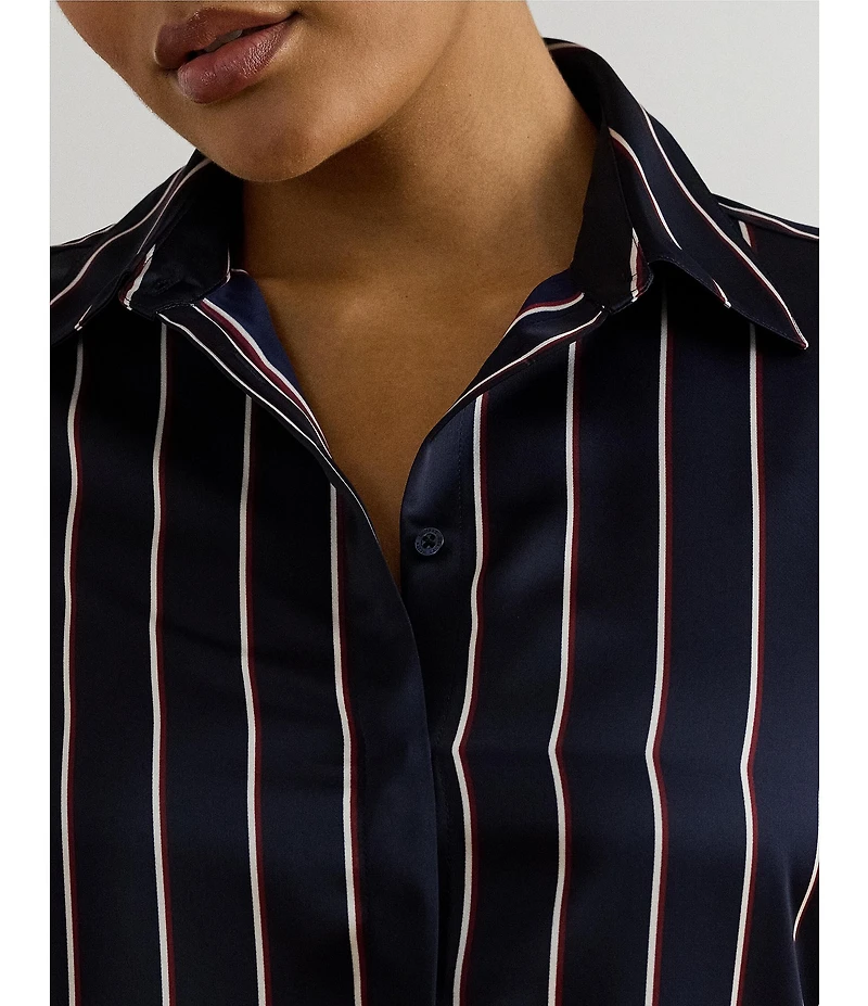 Lauren Ralph Lauren Plus Size Striped Glossy Satin Charmeuse Point Collar Long Sleeve Button Front Shirt