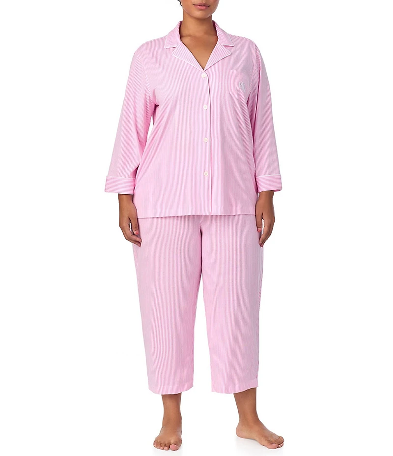 Lauren Ralph Lauren Plus Size Striped Notch Collar 3/4 Sleeve Button Front Capri Pajama Set
