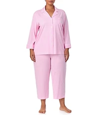 Lauren Ralph Lauren Plus Size Striped Notch Collar 3/4 Sleeve Button Front Capri Pajama Set
