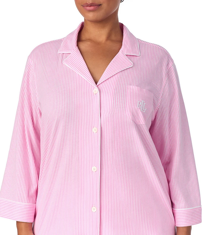 Lauren Ralph Lauren Plus Size Striped Notch Collar 3/4 Sleeve Button Front Capri Pajama Set