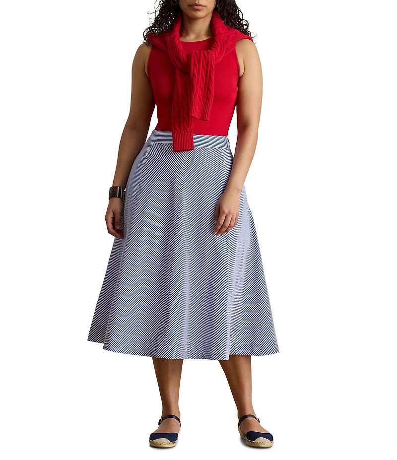 Lauren Ralph Lauren Plus Size Striped Paneled Cotton Broadcloth A-Line Skirt