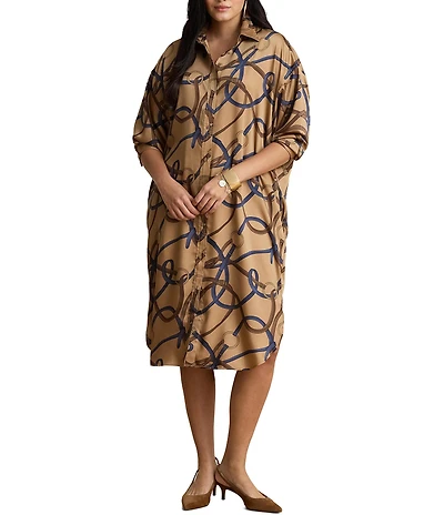Lauren Ralph Lauren Plus Size Twill Belting Print Spread Collar Long Sleeve Midi Length Shirtdress