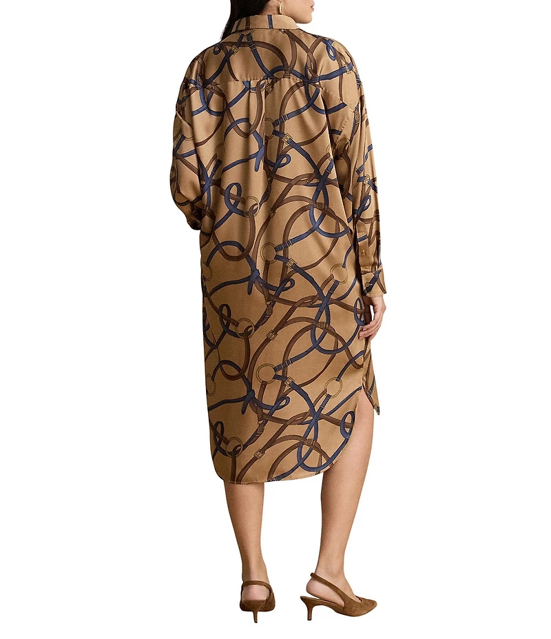 Lauren Ralph Lauren Plus Size Twill Belting Print Spread Collar Long Sleeve Midi Length Shirtdress