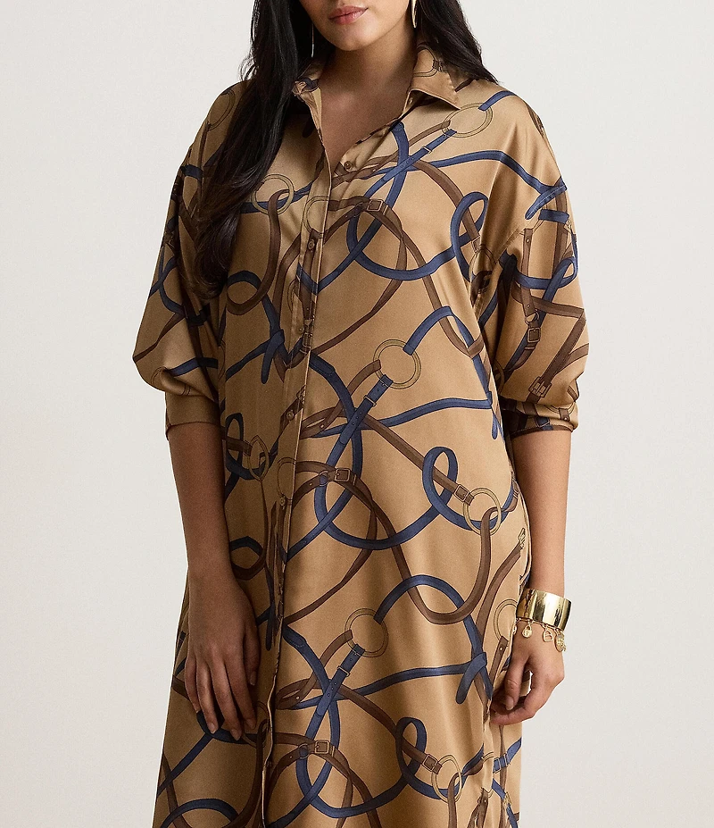 Lauren Ralph Lauren Plus Size Twill Belting Print Spread Collar Long Sleeve Midi Length Shirtdress