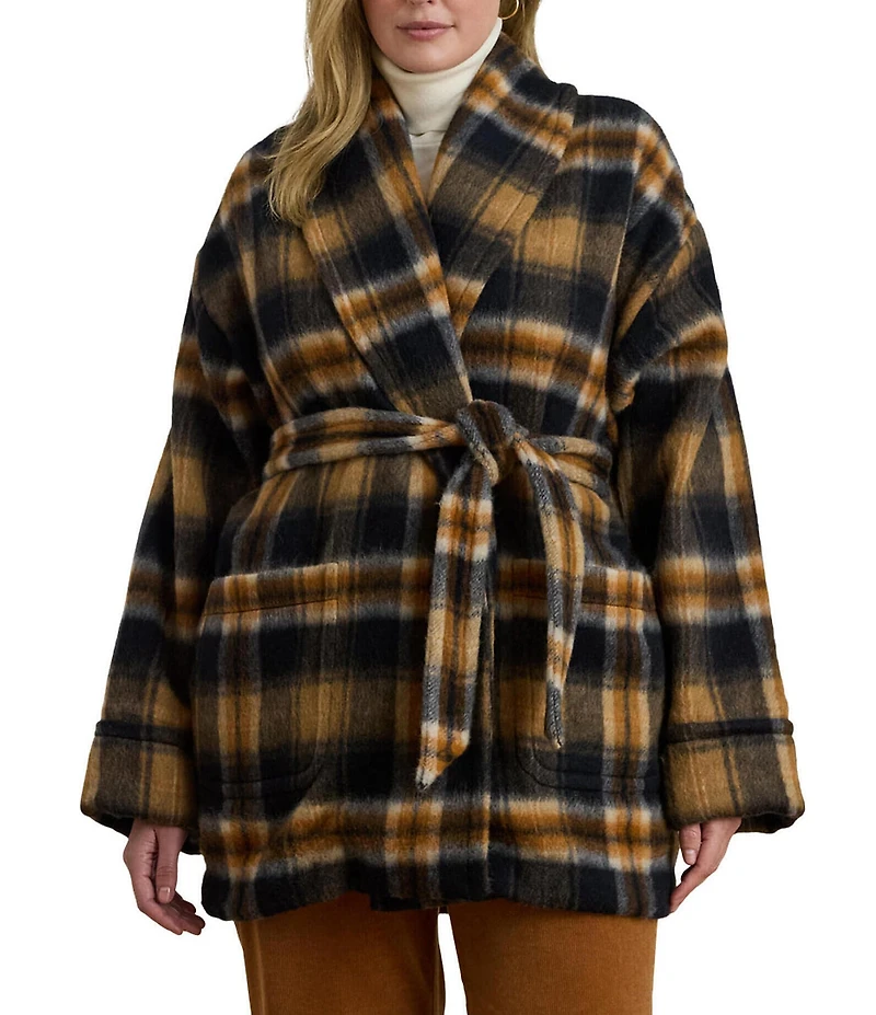 Lauren Ralph Lauren Plus Size Wool Blend Plaid Shawl Collar Long Sleeve Wrap Coat