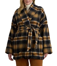 Lauren Ralph Lauren Plus Size Wool Blend Plaid Shawl Collar Long Sleeve Wrap Coat