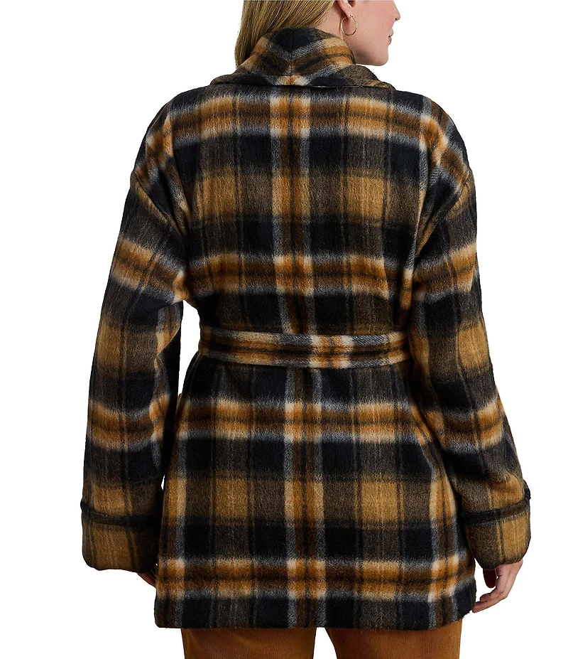 Lauren Ralph Lauren Plus Size Wool Blend Plaid Shawl Collar Long Sleeve Wrap Coat