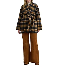 Lauren Ralph Lauren Plus Size Wool Blend Plaid Shawl Collar Long Sleeve Wrap Coat