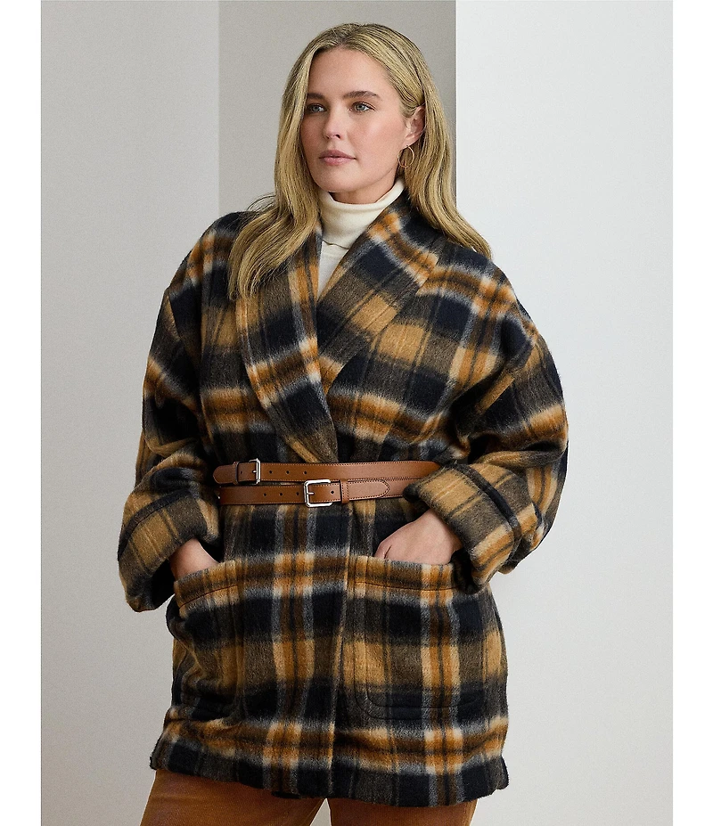 Lauren Ralph Lauren Plus Size Wool Blend Plaid Shawl Collar Long Sleeve Wrap Coat