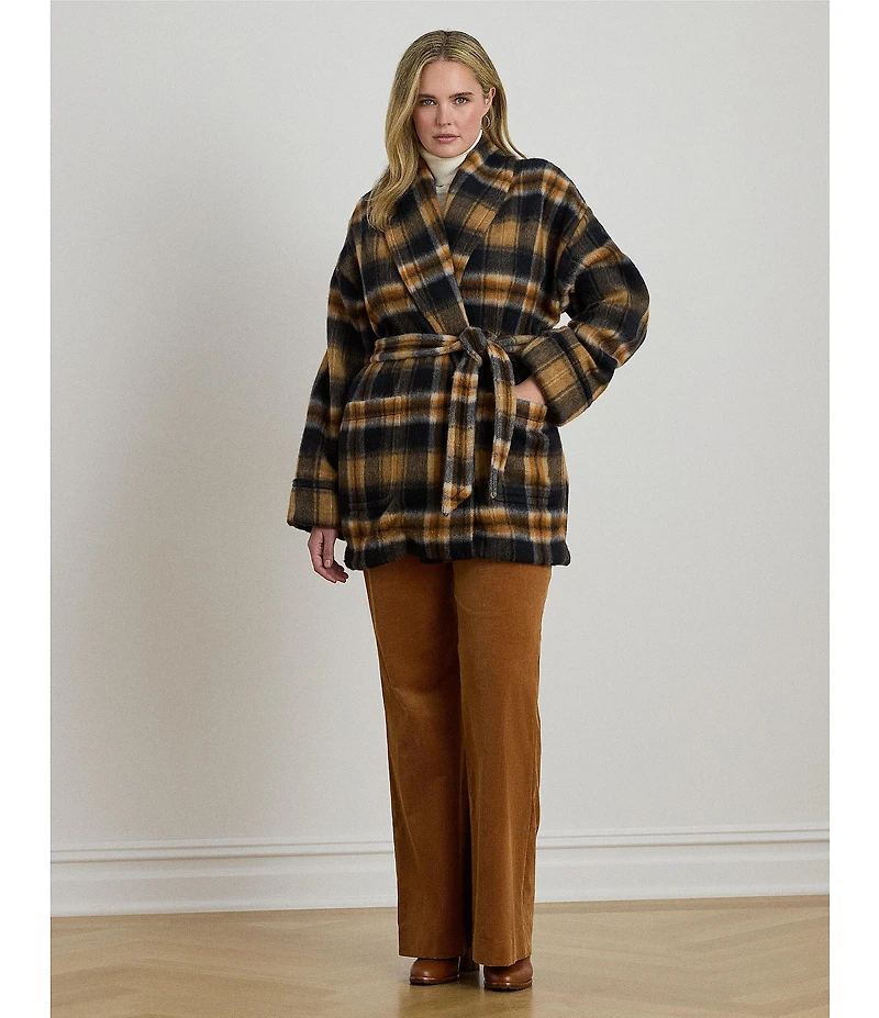Lauren Ralph Lauren Plus Size Wool Blend Plaid Shawl Collar Long Sleeve Wrap Coat