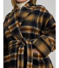 Lauren Ralph Lauren Plus Size Wool Blend Plaid Shawl Collar Long Sleeve Wrap Coat