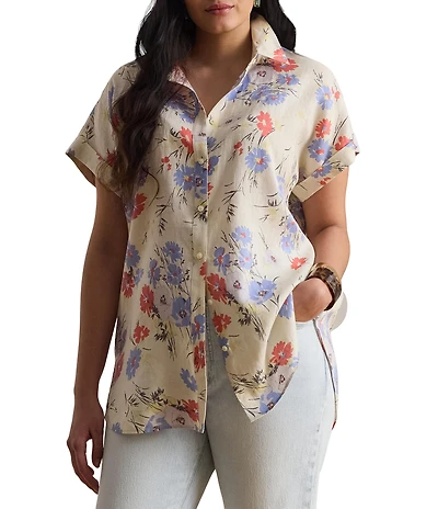 Lauren Ralph Lauren Plus Size Woven Linen Floral Point Collar Short Cuff Sleeve Button Front Shirt