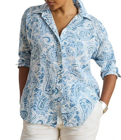 Lauren Ralph Lauren Plus Size Woven Paisley Linen Point Collar Long Sleeve Button-Front Shirt