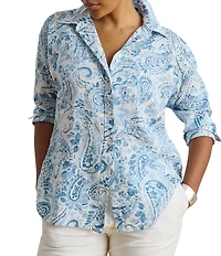 Lauren Ralph Lauren Plus Size Woven Paisley Linen Point Collar Long Sleeve Button-Front Shirt