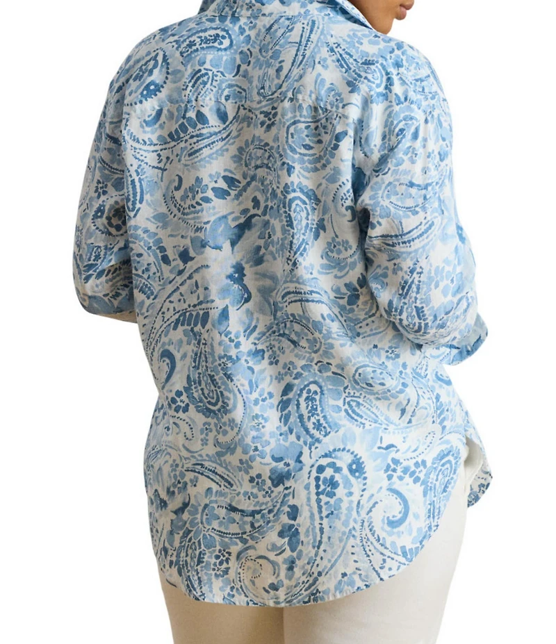 Lauren Ralph Lauren Plus Size Woven Paisley Linen Point Collar Long Sleeve Button-Front Shirt