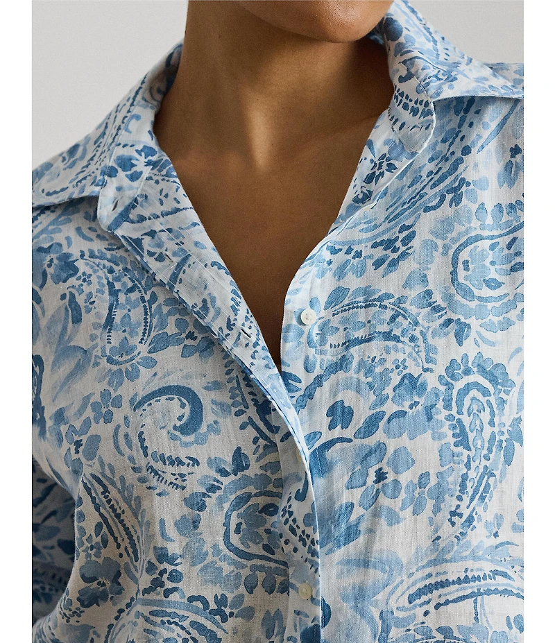 Lauren Ralph Lauren Plus Size Woven Paisley Linen Point Collar Long Sleeve Button-Front Shirt