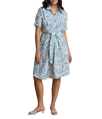 Lauren Ralph Lauren Plus Size Woven Paisley Point Collar Elbow Sleeve Tie Front Shirt Dress