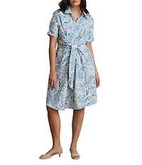 Lauren Ralph Lauren Plus Size Woven Paisley Point Collar Elbow Sleeve Tie Front Shirt Dress
