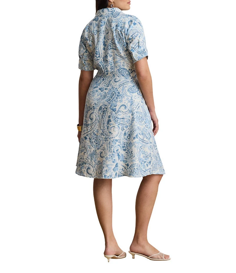 Lauren Ralph Lauren Plus Size Woven Paisley Point Collar Elbow Sleeve Tie Front Shirt Dress