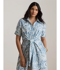 Lauren Ralph Lauren Plus Size Woven Paisley Point Collar Elbow Sleeve Tie Front Shirt Dress