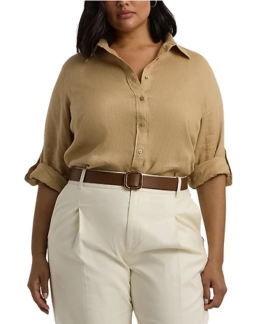 Lauren Ralph Lauren Plus Size Woven Point Collar Long Roll-Tab Sleeve Button-Front Shirt