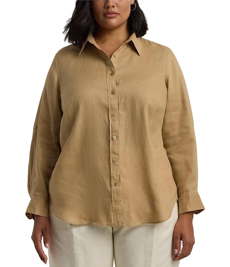 Lauren Ralph Lauren Plus Size Woven Point Collar Long Roll-Tab Sleeve Button-Front Shirt