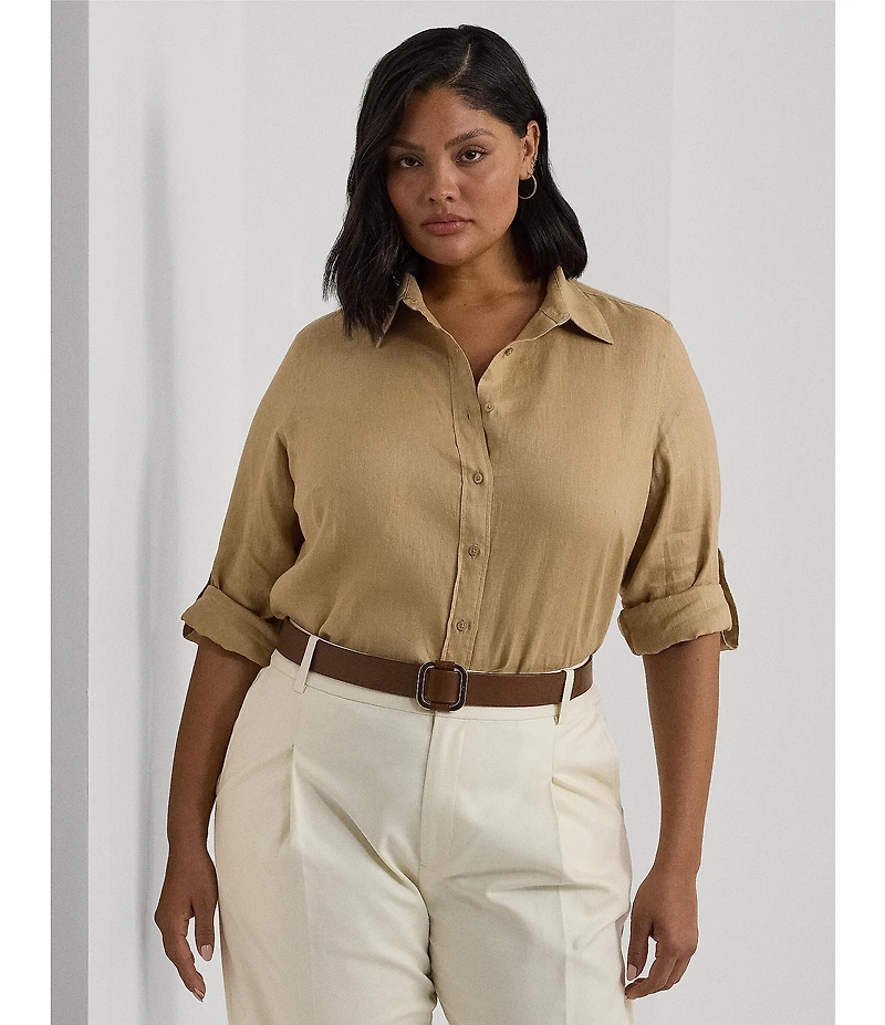 Lauren Ralph Lauren Plus Size Woven Point Collar Long Roll-Tab Sleeve Button-Front Shirt