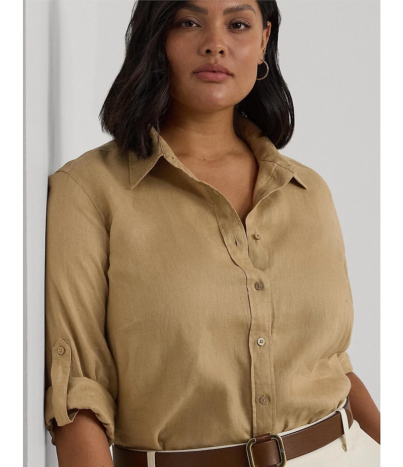 Lauren Ralph Lauren Plus Size Woven Point Collar Long Roll-Tab Sleeve Button-Front Shirt