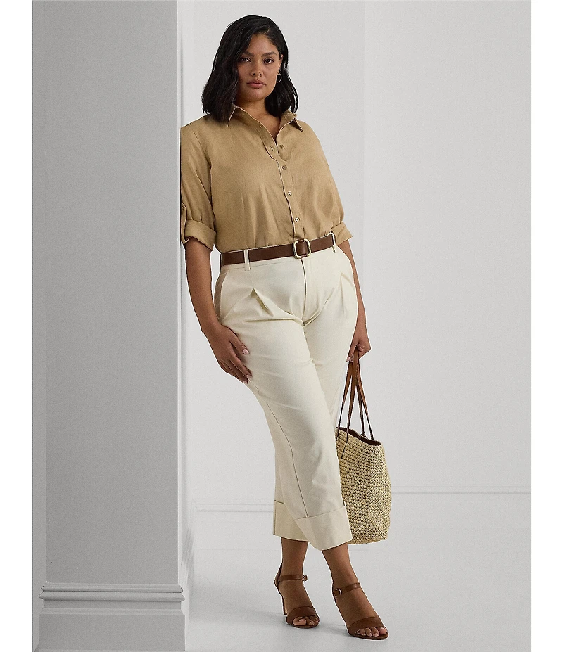 Lauren Ralph Lauren Plus Size Woven Point Collar Long Roll-Tab Sleeve Button-Front Shirt