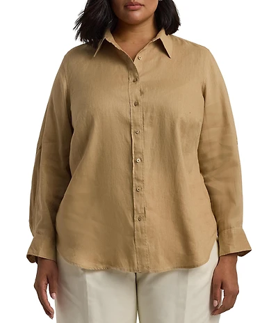 Lauren Ralph Lauren Plus Size Woven Point Collar Long Roll-Tab Sleeve Button-Front Shirt