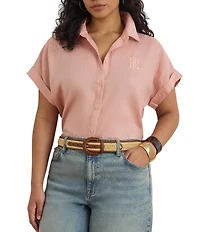 Lauren Ralph Lauren Plus Size Woven Point Collar Short Roll Cuff Sleeve Button-Front Shirt
