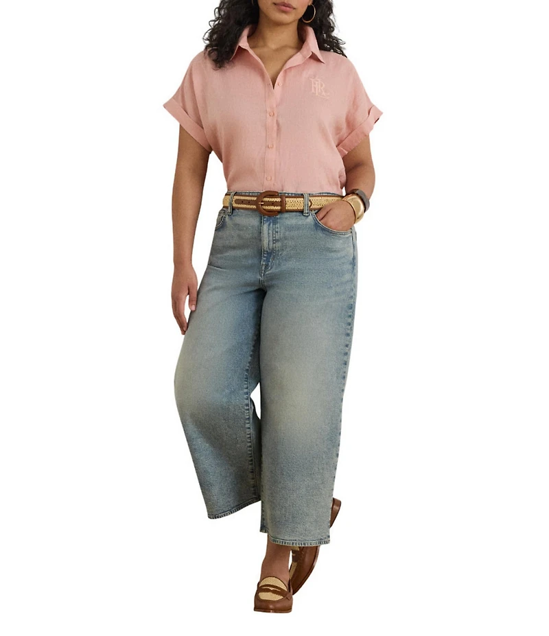 Lauren Ralph Lauren Plus Size Woven Point Collar Short Roll Cuff Sleeve Button-Front Shirt