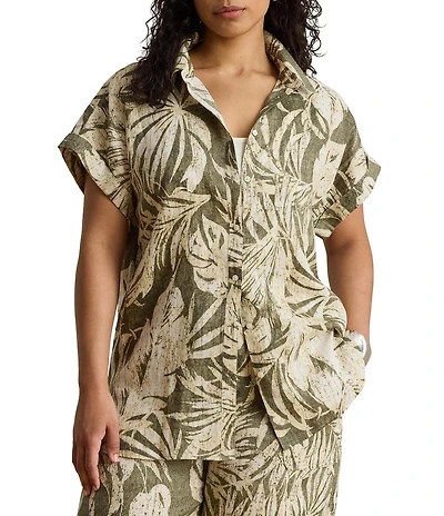 Lauren Ralph Lauren Plus Size Woven Print Point Collar Short Sleeve Sport Shirt