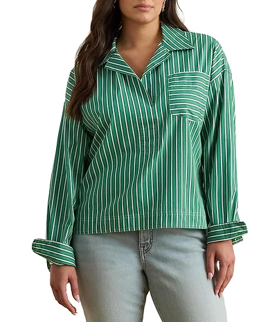Lauren Ralph Lauren Plus Size Yarn-Dyed Cotton Broadcloth Stripe Spread Collar Long Sleeve Boxy Shirt