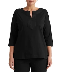 Lauren Ralph Lauren Plus Size Split V-Neck 3/4 Sleeve Woven Trim Knit Top