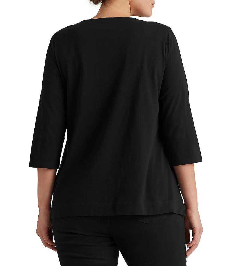 Lauren Ralph Lauren Plus Size Split V-Neck 3/4 Sleeve Woven Trim Knit Top