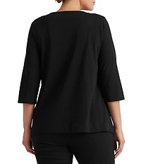 Lauren Ralph Lauren Plus Size Split V-Neck 3/4 Sleeve Woven Trim Knit Top