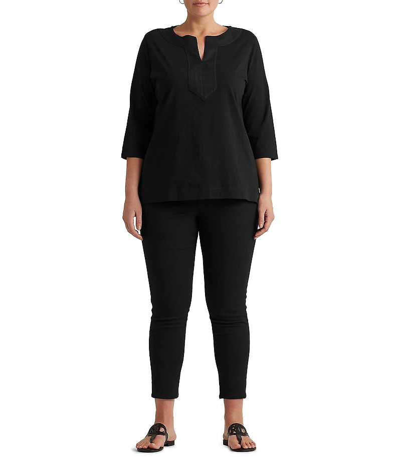 Lauren Ralph Lauren Plus Size Split V-Neck 3/4 Sleeve Woven Trim Knit Top