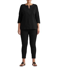 Lauren Ralph Lauren Plus Size Split V-Neck 3/4 Sleeve Woven Trim Knit Top