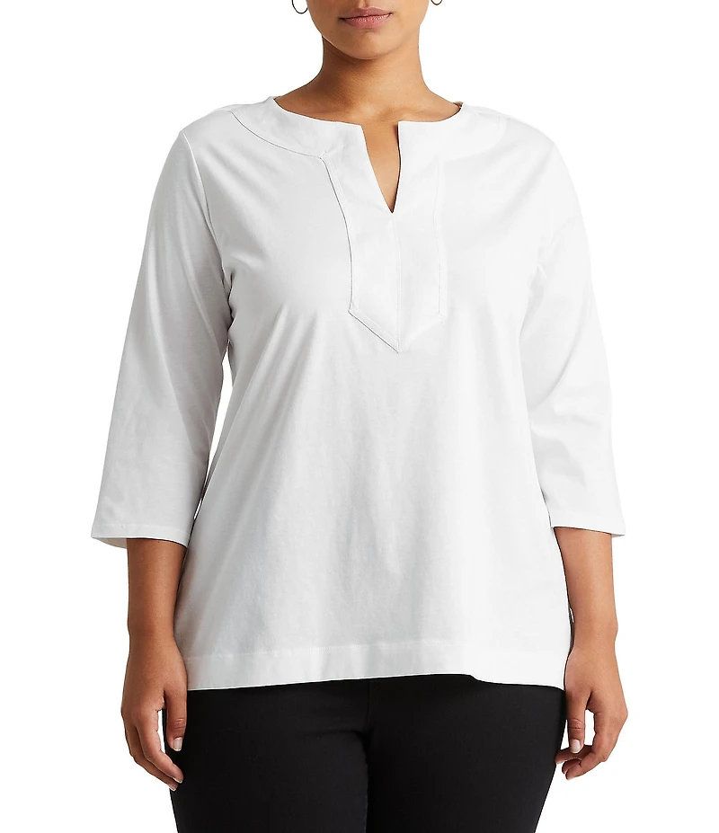 Lauren Ralph Lauren Plus Size Split V-Neck 3/4 Sleeve Woven Trim Knit Top