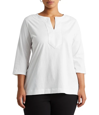 Lauren Ralph Lauren Plus Size Split V-Neck 3/4 Sleeve Woven Trim Knit Top
