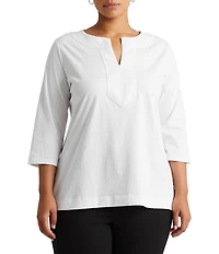 Lauren Ralph Lauren Plus Size Split V-Neck 3/4 Sleeve Woven Trim Knit Top