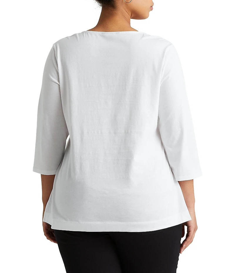 Lauren Ralph Lauren Plus Size Split V-Neck 3/4 Sleeve Woven Trim Knit Top
