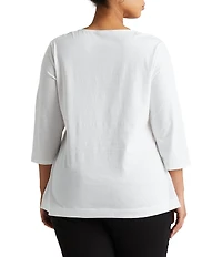 Lauren Ralph Lauren Plus Size Split V-Neck 3/4 Sleeve Woven Trim Knit Top