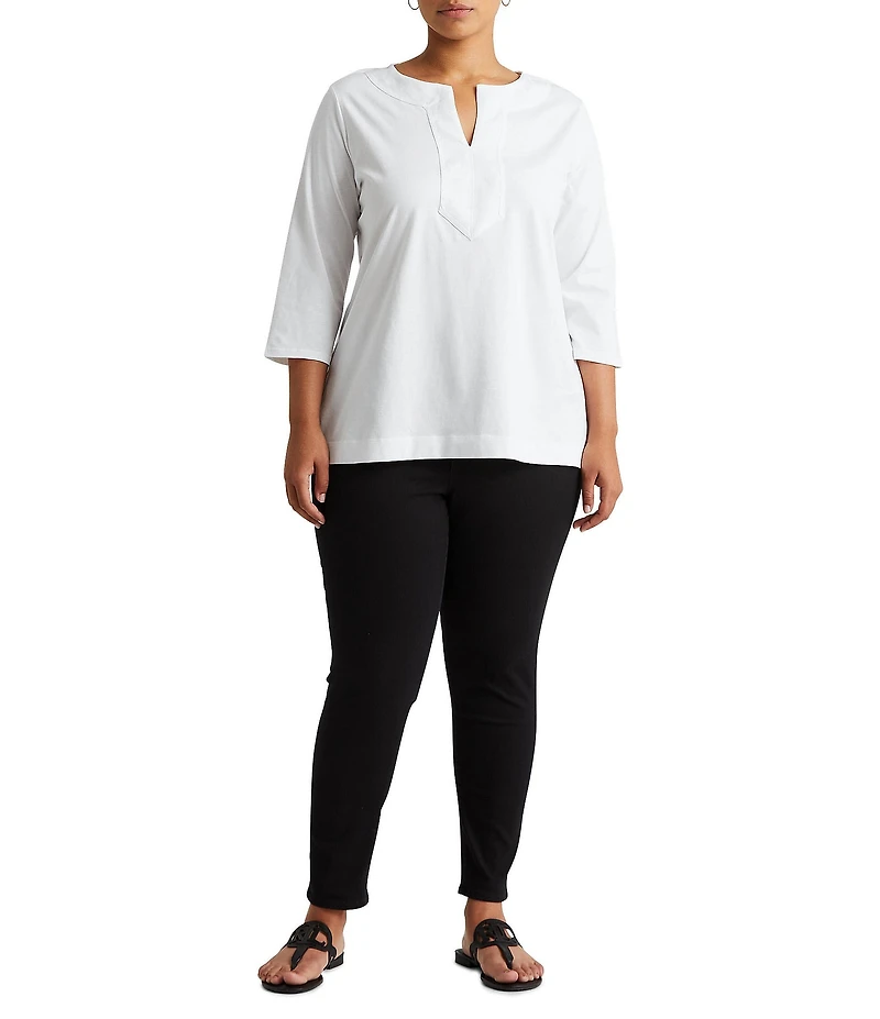 Lauren Ralph Lauren Plus Size Split V-Neck 3/4 Sleeve Woven Trim Knit Top