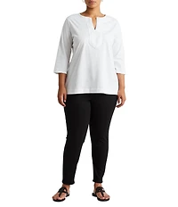 Lauren Ralph Lauren Plus Size Split V-Neck 3/4 Sleeve Woven Trim Knit Top