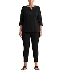 Lauren Ralph Lauren Plus Size Split Round Neck 3/4 Sleeve Woven Trim Knit Top