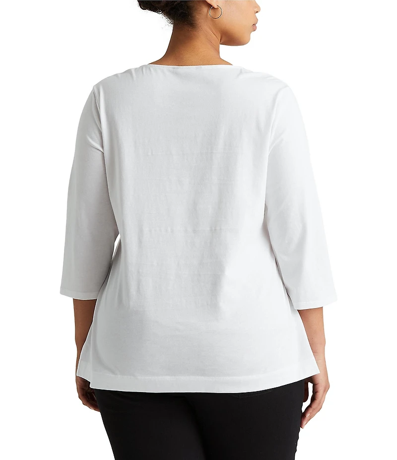 Lauren Ralph Lauren Plus Size Split Round Neck 3/4 Sleeve Woven Trim Knit Top